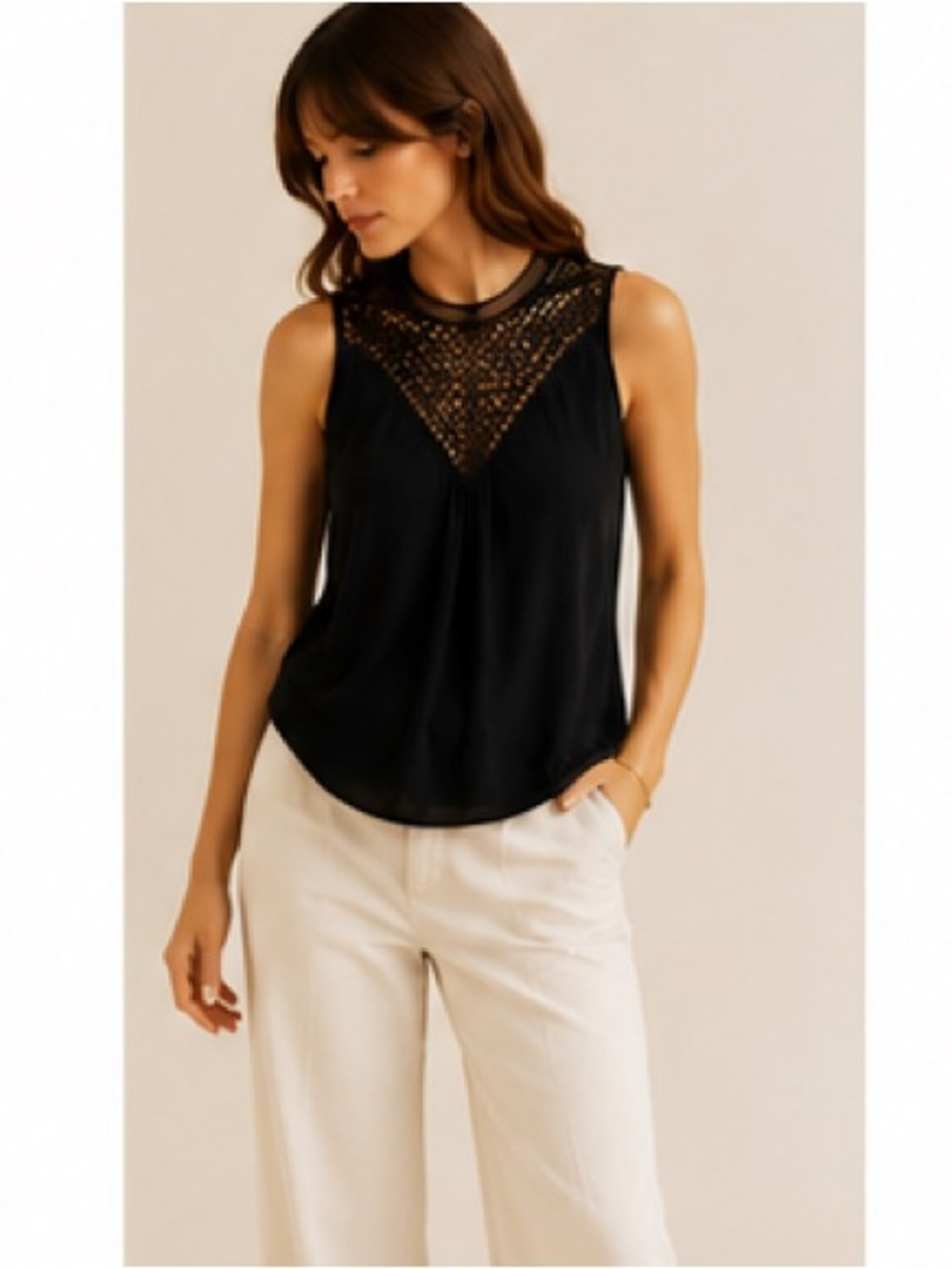 A.L.C 100% Silk Crochet V Neck sleeveless blouse midnight black size 4 fits 6